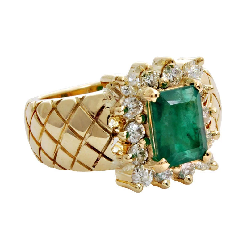 yellow gold rings for women -Ring-Emerald and Diamond