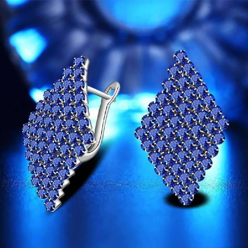 heart-shaped earrings for women -Geometric CZ Encrusted Earrings in White Crystal or Blue Crystal