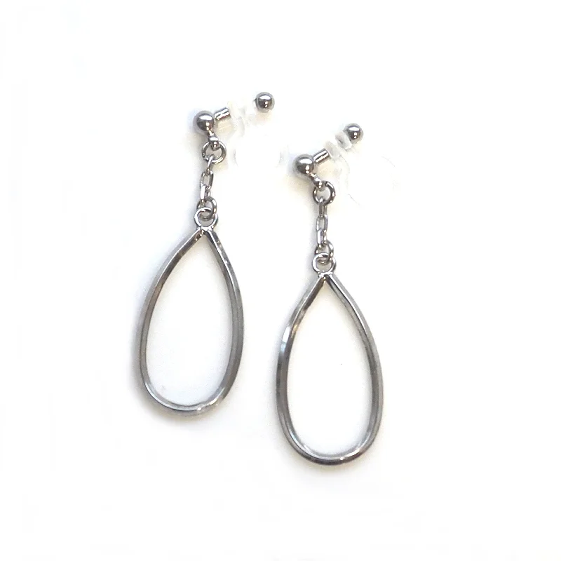 gold earrings for women -Minimal teardrop hoop invisible clip on earrings ( Silver tone)