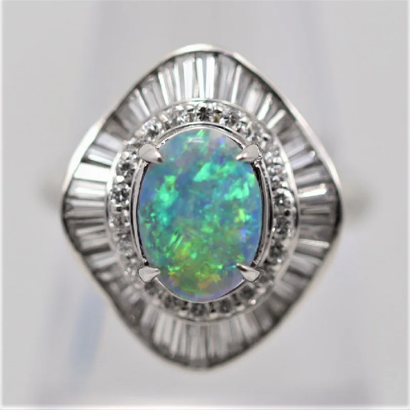 bohemian engagement rings -Australian Black Opal Diamond Platinum Ballerina Ring