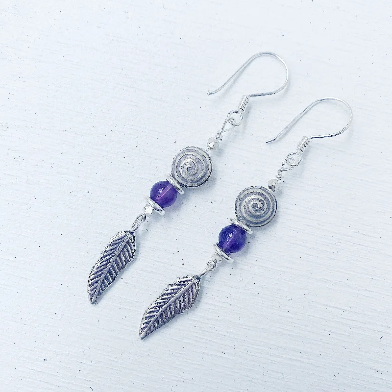 trendy stud earrings for women -AMETHYST FEATHER SWIRL EARRINGS