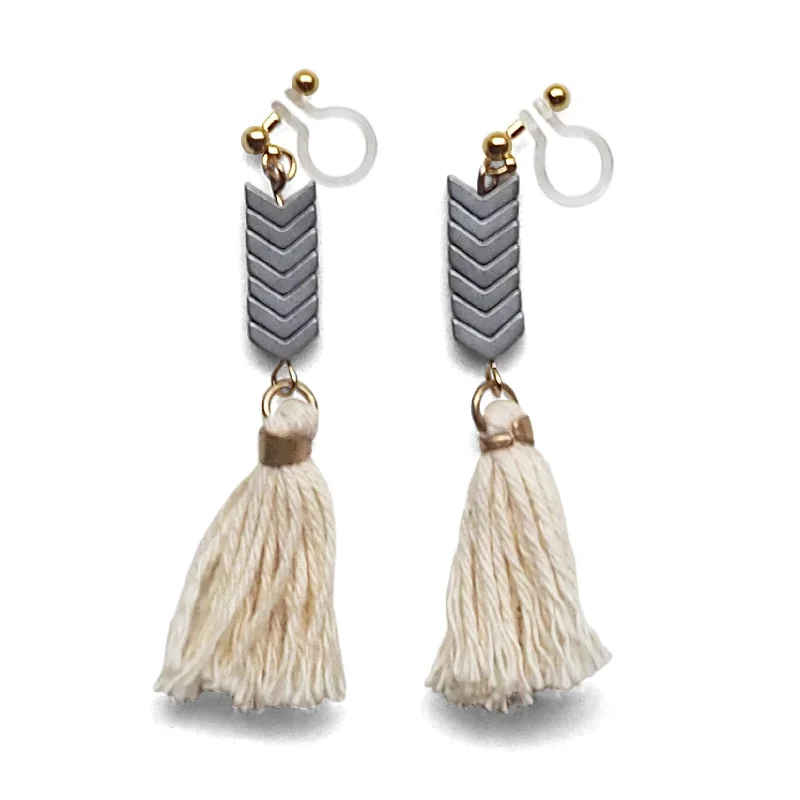 contemporary earrings for women -Chevron and White Tassel Invisible Clip On Earrings