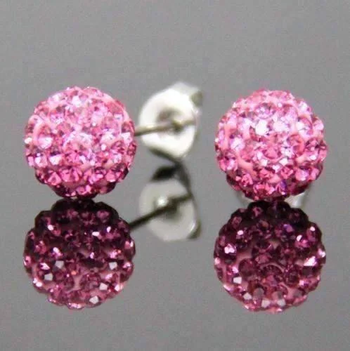 gold hoop earrings for women -Shamballa Pink Crystals on 925 Silver Stud Earrings