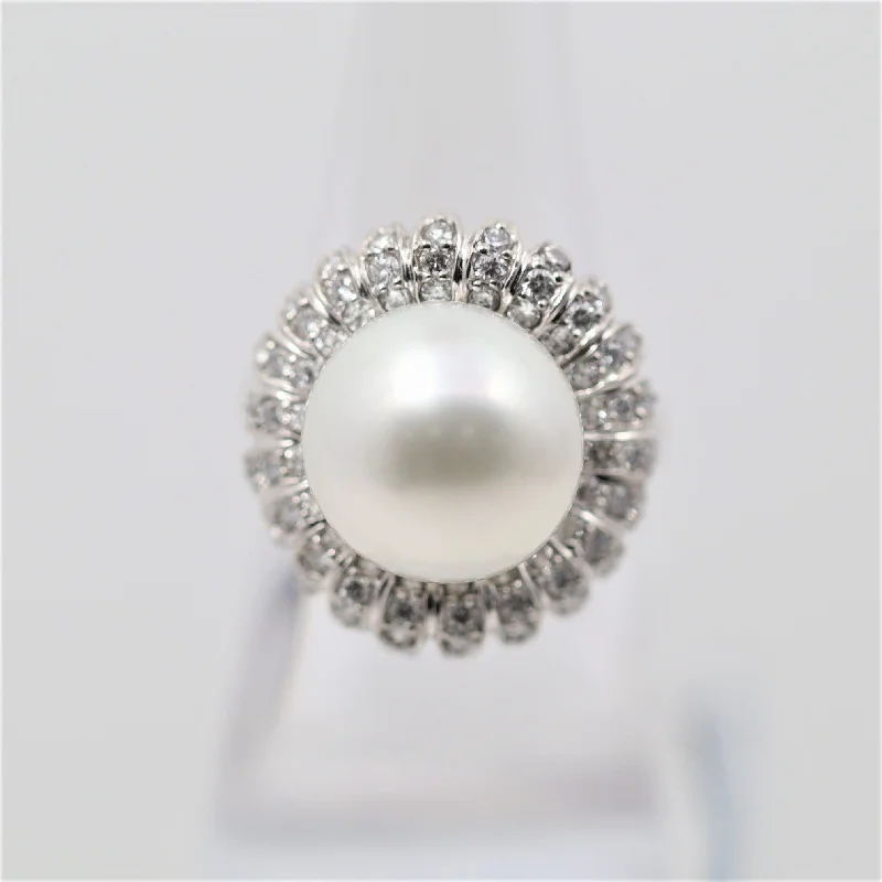 stackable rings for weddings -South Sea Pearl Diamond Platinum Flower Ring