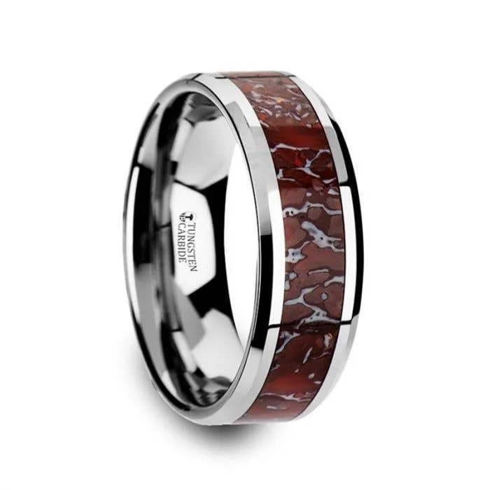 layered necklaces for women -Thorsten JURASSIC Red Dinosaur Bone Inlaid Tungsten Carbide Beveled Edged Ring - 4mm & 8mm