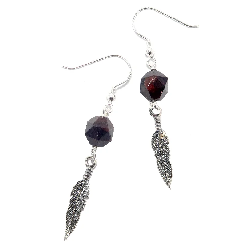 luxury drop earrings for women -Garnet Earrings Flying Feather High Vibe Sterling Silver