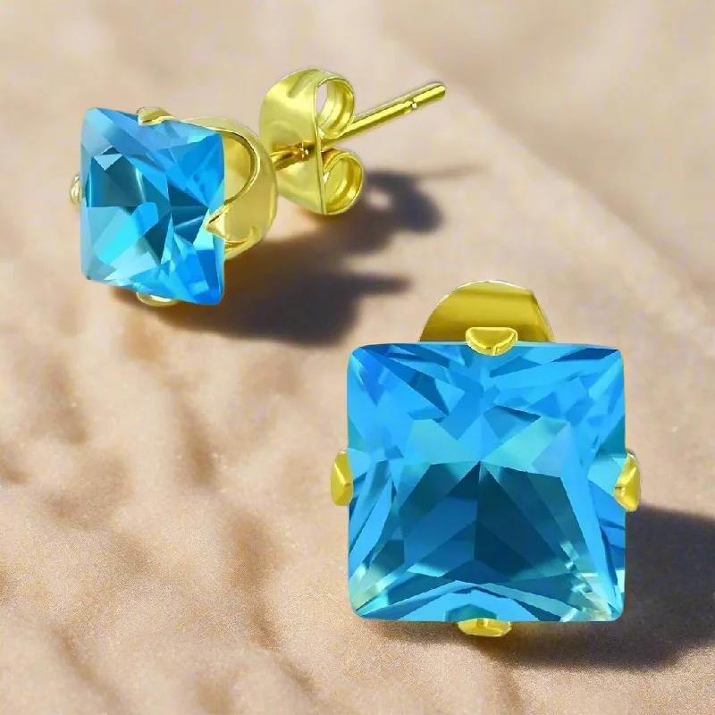 gold drop earrings for women -Dazzling 4mm Princess Cut Aqua Blue CZ Stud Earrings - Gold-Plated Stainless Steel