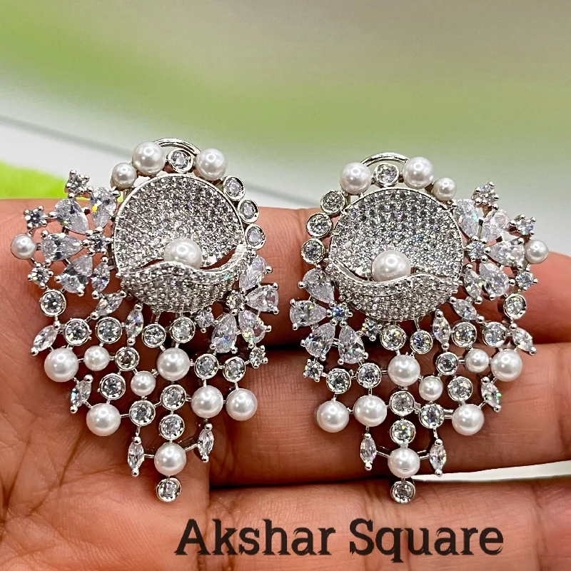 stud pearl earrings for women -Rhodium CZ Pearl Earrings