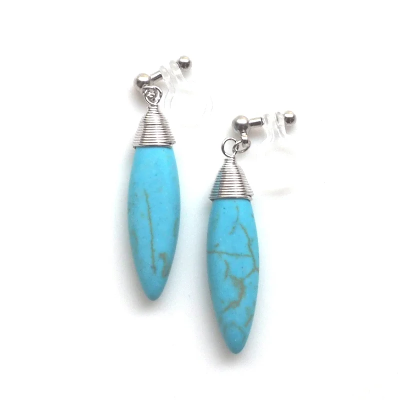 custom earrings for women -Blue turquoise bar invisible clip on earrings