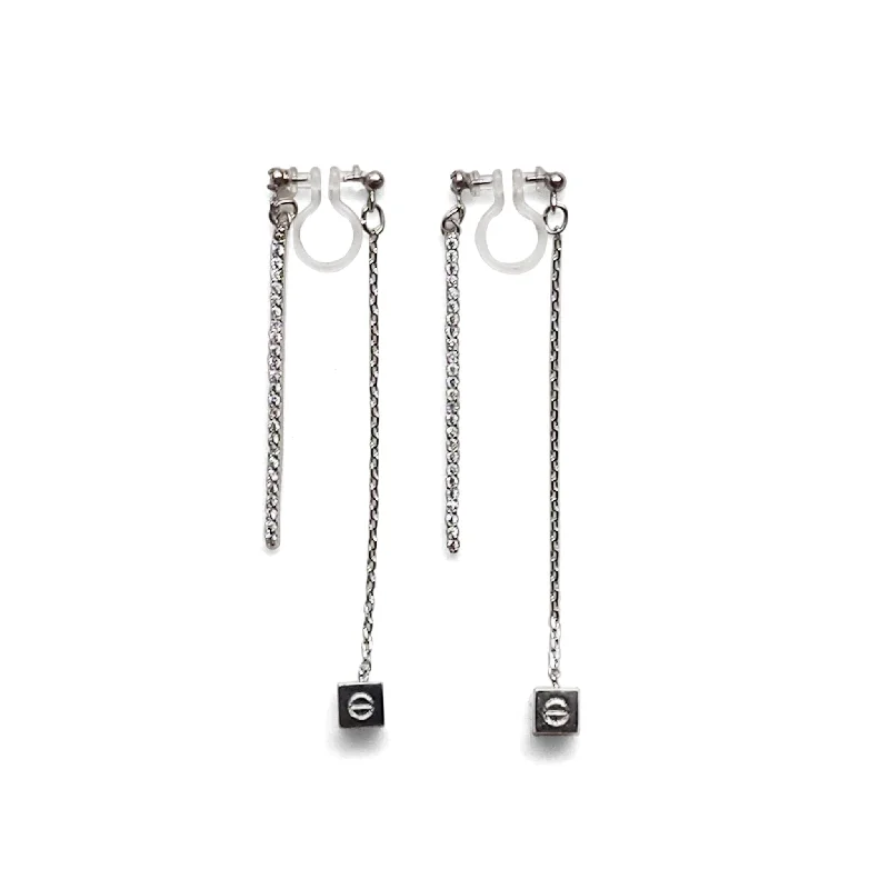 rose gold earrings for women -Double sided rhinestone & cube invisible clip on earrings (Silver tone)