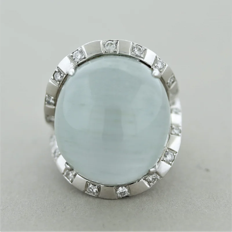 luxury rings for women -Rare Cat’s Eye Aquamarine Diamond Gold Cocktail Ring