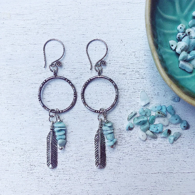 bold silver earrings for women -LARIMAR PEACE FEATHER EARRINGS