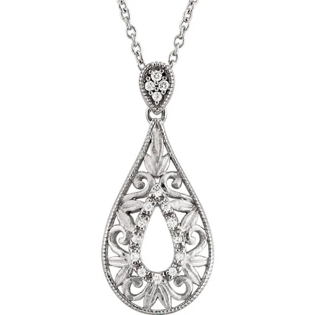 gemstone pendant necklaces for women -Sterling Silver 1/10 CTW Diamond 18" Teardrop Filigree Necklace