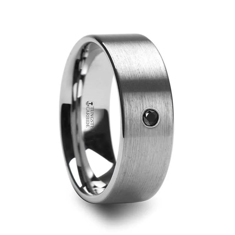 elegant chain necklaces for women -Thorsten IRENAEUS Flat Brushed Tungsten Men’s Wedding Ring with Black Diamond - 6mm & 8mm