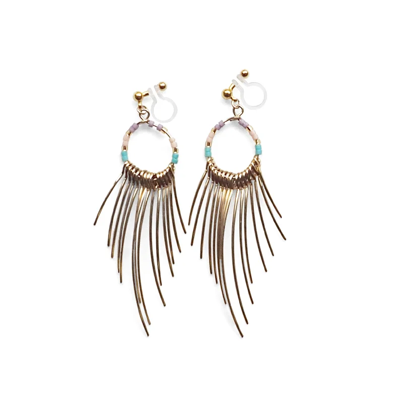 silver earrings for women -Gradated Fringe invisible clip on earrings ( Gold tone )