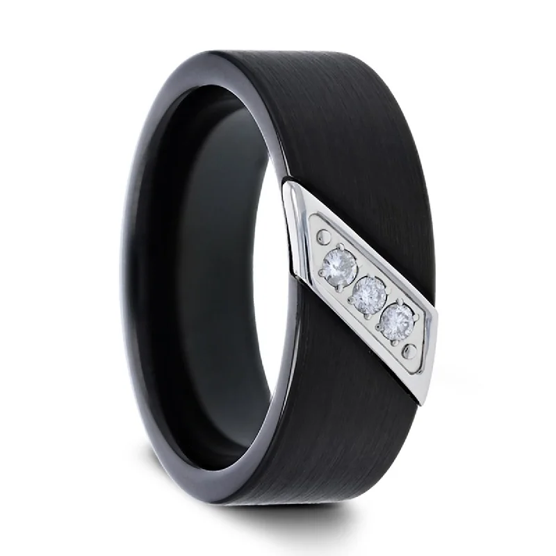 custom name necklaces for women -Thorsten LIAM Flat Black Satin Finished Tungsten Carbide Wedding Band with Diagonal Diamonds Set in Stainless Steel - 8mm