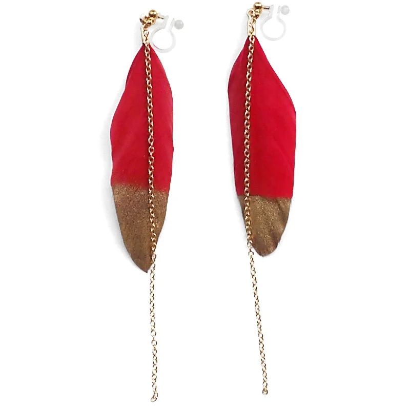 trendy earrings for women -Gold painted red feather invisible clip on earrings