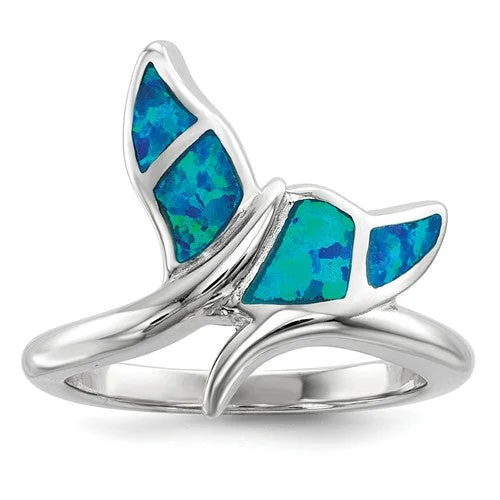 minimalist gold necklaces for women -Sterling Silver Blue Inlay Created Opal Whale Tail Ring