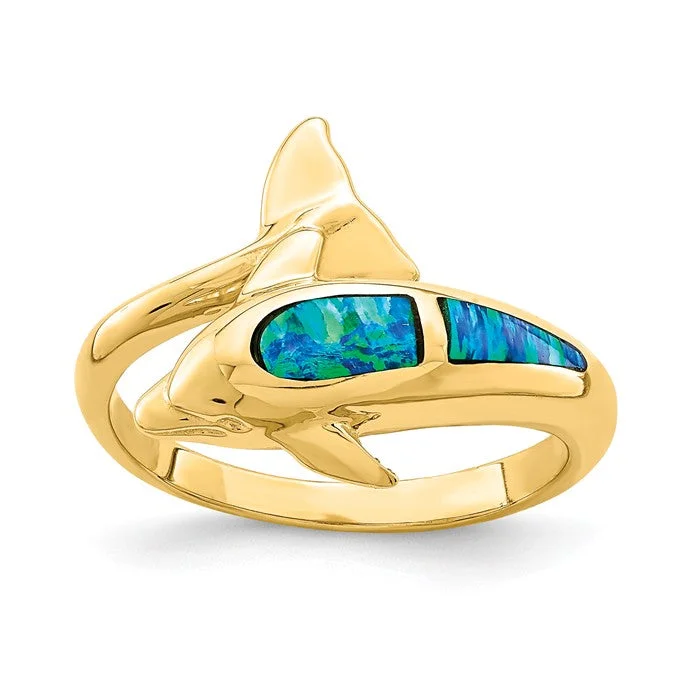 dazzling necklaces for women -14k Yellow Gold Blue Created Opal Dolphin Wrap Ring