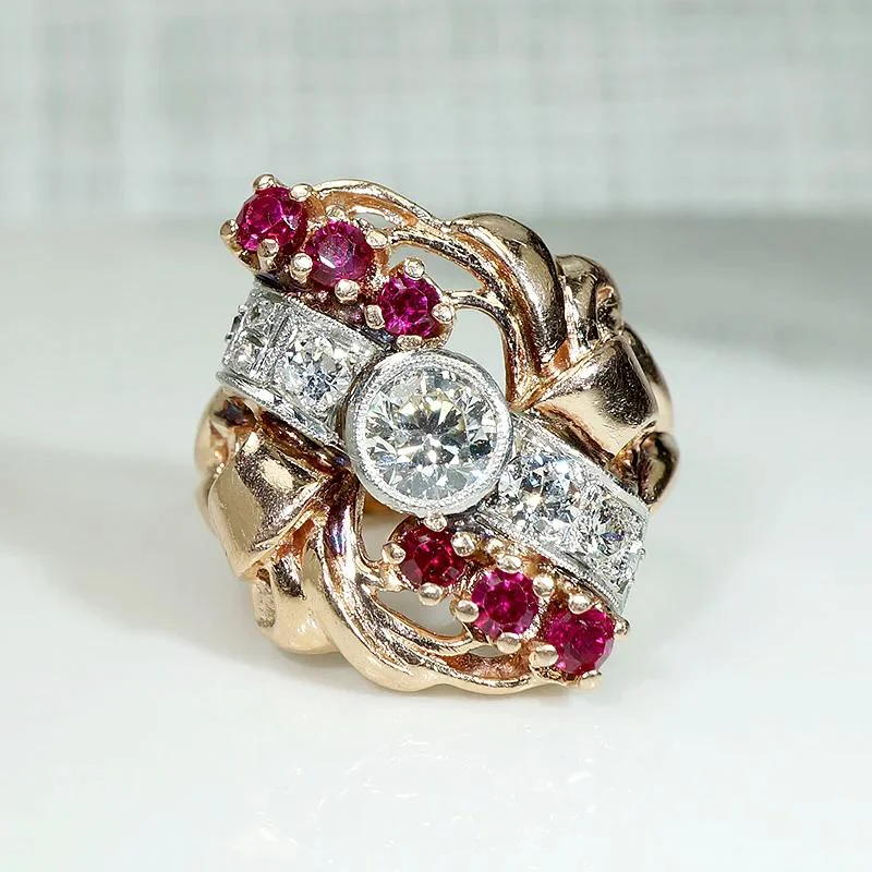 unique wedding rings for women -Exuberant Retro Statement Ring with Diamonds & Rubies