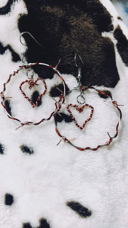 custom name earrings for women -Pink, Red, and silver barbed wire hoops with heart earrings