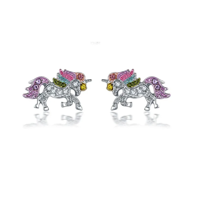 hoop earrings with diamonds -14K White Gold Plated Rainbow Crystal Unicorn Sparkly Earrings For Woman