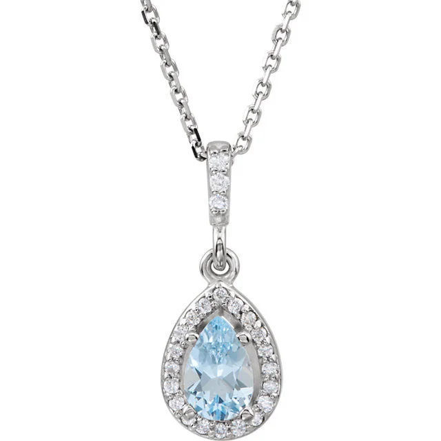 gemstone necklaces for women -14k White Gold Aquamarine Pear Teardrop & Diamond Halo Necklace