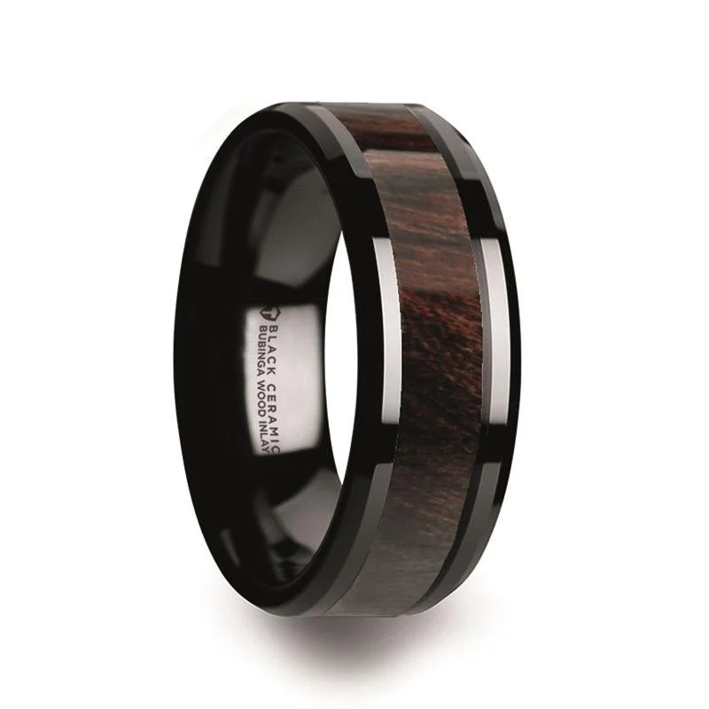 stunning necklaces for women -Thorsten BENNY Black Ceramic Bubinga Wood Inlay Polished Beveled Edges Men’s Wedding Band - 8mm