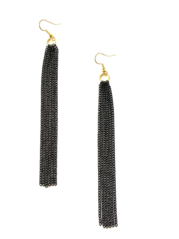 personalized hoop earrings for women -Black Chain Tassel Earrings