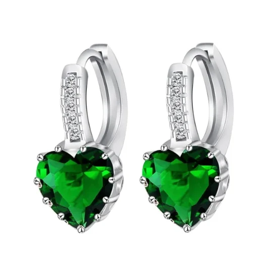 custom crystal earrings for women -Heart Shaped Spring Green Diamond CZ Solitaire Hoop Earrings For Woman