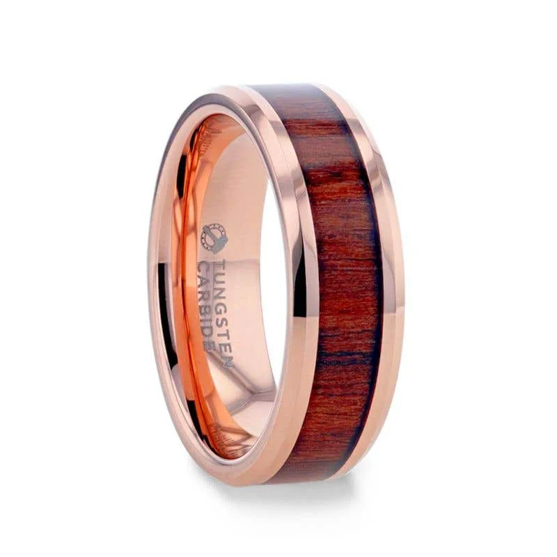 bold necklaces for women -Thorsten DYLAN Rose Gold Plated Koa Wood Inlaid Tungsten Wedding Band With Beveled Polished Edges - 8mm