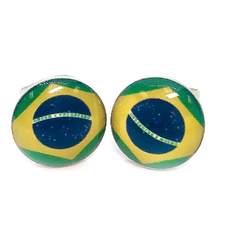 gold drop earrings for women -Brazilian Flag Enamel Button Stud Earrings