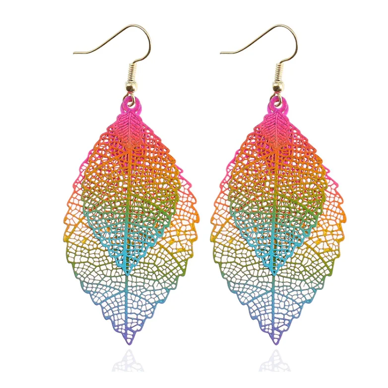 dazzling earrings for women -Metal Mesh Dangling Double Bold Rainbow Leaf Earrings for Woman Special Occasion Birthday Holiday Everyday Fashion