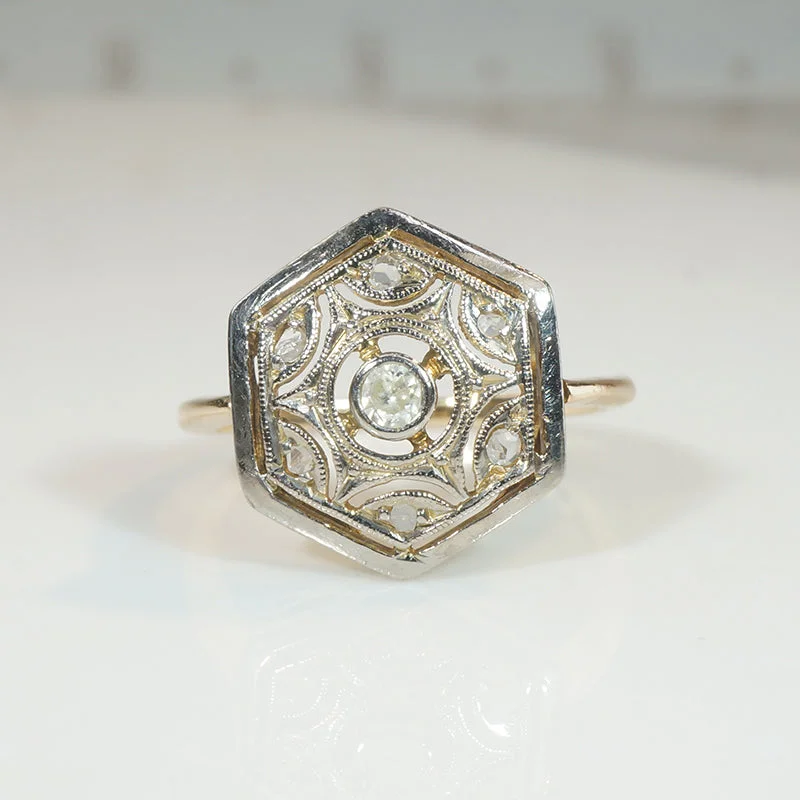 yellow gold rings for women -Lacy Platinum Hexagon on 18k Diamond Edwardian Ring