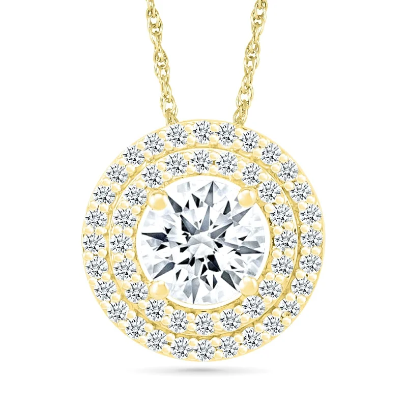 trendy necklaces for women -Round White Sapphire Pendant with Double White Sapphire Halo