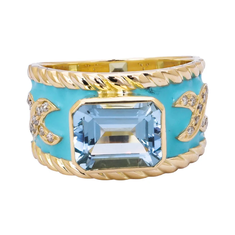 fashion rings for women -Ring- Aquamarine and Diamond (Enamel)