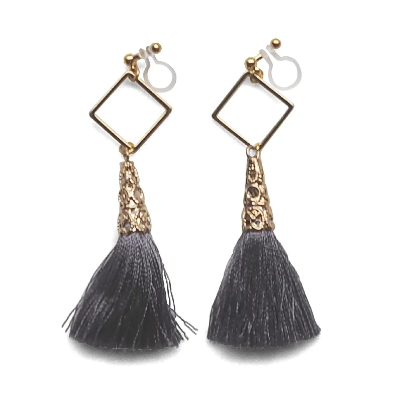 romantic pearl earrings for women -Gold Square Hoop and Gray Tassel Invisible Clip On Earrings