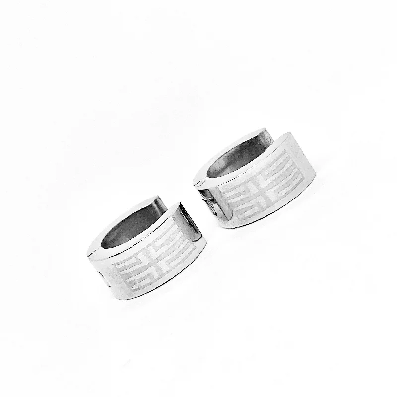 luxury hoop earrings for women -Wide Greek Key Stainless Steel Huggie Hoop Earrings