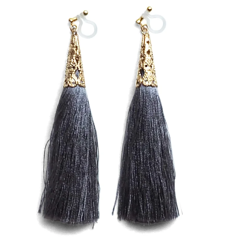 fashion hoop earrings for women -Long Gray Tassel Invisible Clip On Earrings