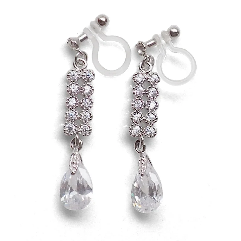 sparkling earrings for women -Dangle bridal teardrop cubic zirconia invisible clip on earrings (silver tone)