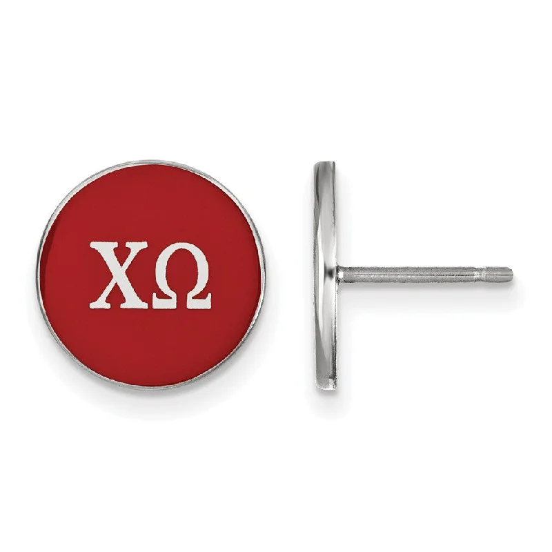 modern earrings for women -Sterling Silver Chi Omega Red Enamel Disc Post Earrings