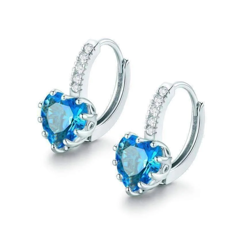 trendy drop earrings for women -Heart Shaped Island Blue Diamond CZ Solitaire Hoop Earrings For Woman