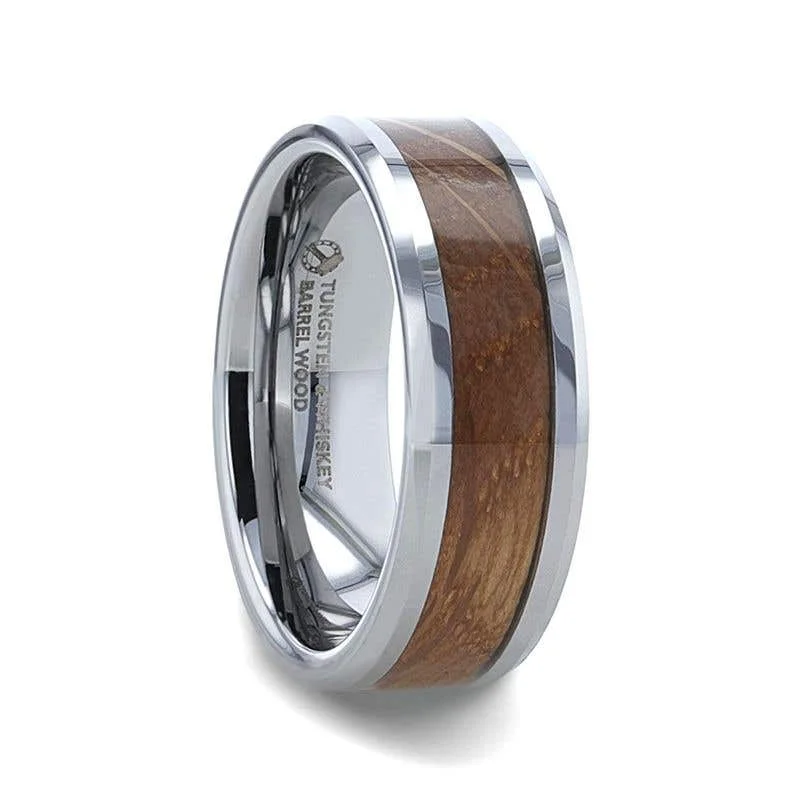 engraved gold necklaces for women -Thorsten DISTILLED Whiskey Barrel Wood Inlaid Tungsten Men's Wedding Band With Beveled Polished Edges Made From Genuine Whiskey Barrels - 8mm