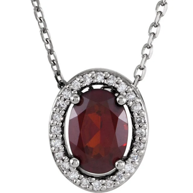 timeless gold necklaces for women -14K White Gold Oval Mozambique Garnet & .05 CTW Diamond Halo 16" Necklace