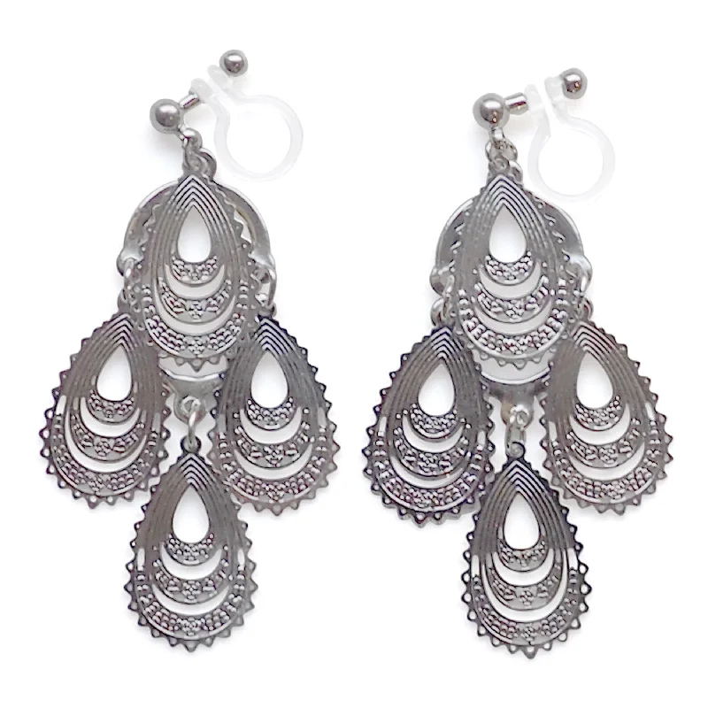 bridal drop earrings for women -Dangle teardrop silver filigree invisible clip on earrings