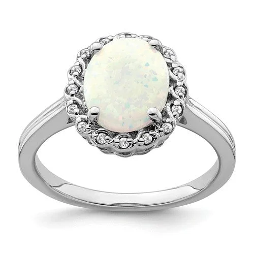 elegant charm necklaces for women -14k White Gold 10x8mm Oval Created Opal And Diamond Halo Ring