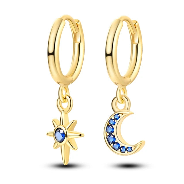 wedding hoop earrings for women -Gold Hoop Earrings with Blue Zirconia Star & Moon Charms