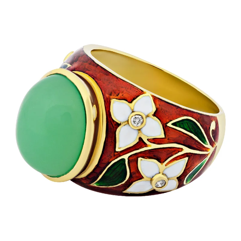 custom-designed wedding rings -Ring- Chrysoprase And Diamond (Enamel)