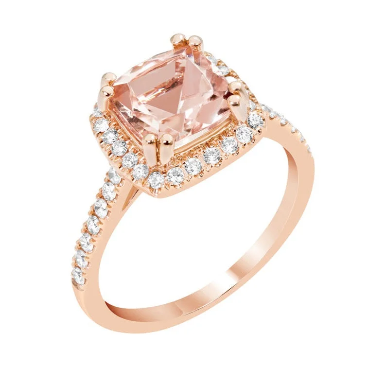 unique necklaces for women -14k Rose Gold 8mm Princess Cushion Morganite & Diamond Halo Ring