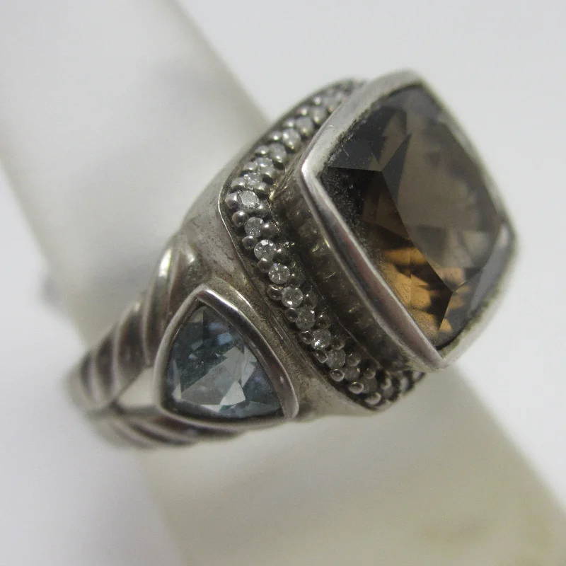 wedding bands for women -Smokey Quartz Blue Topaz Sterling Silver Ring Vintage c1980